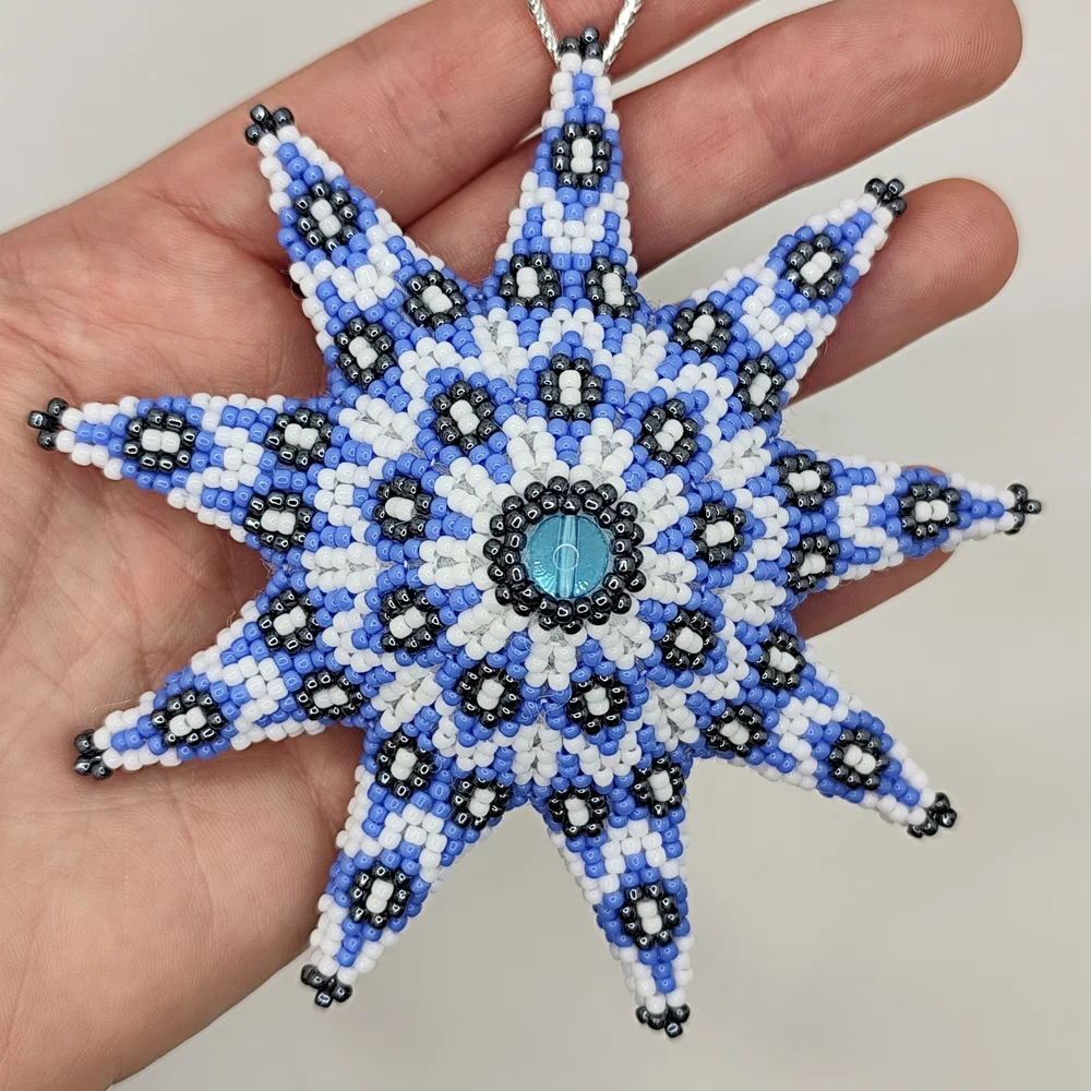 Beaded Starburst Ornament in Light Blue, White & Black - Picture 7 of 8
